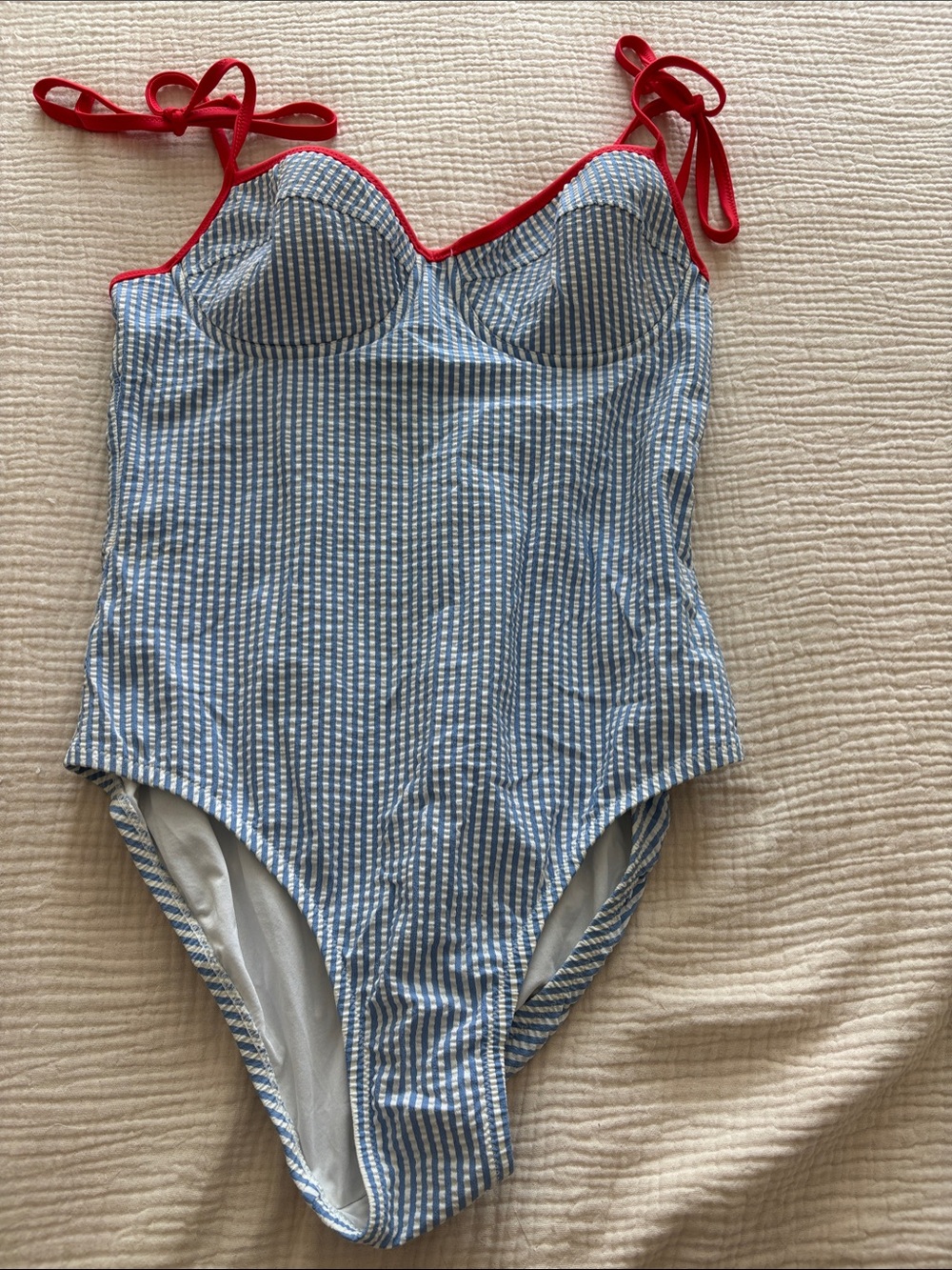 Women’s Blue Seersucker One-Piece Swimsuit with Red Trim